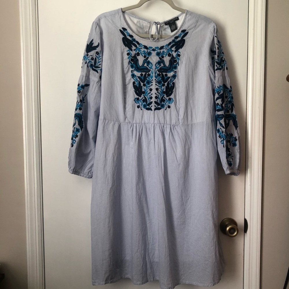 Chelsea & Theodore Embroidered Blue Dress Long Sleeve Cotton Size L